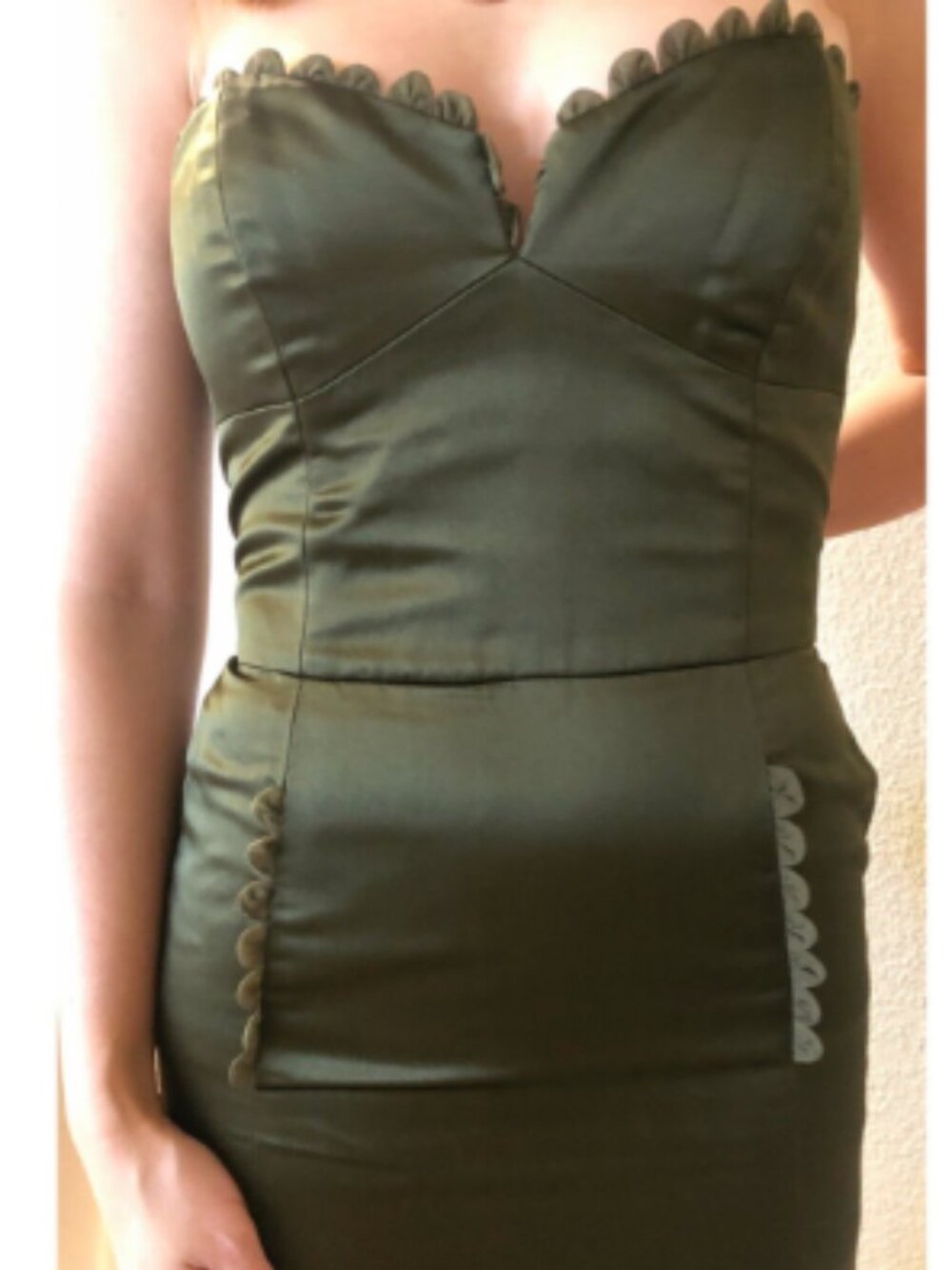 Lela Rose Olive Green Silk Strapless Dress